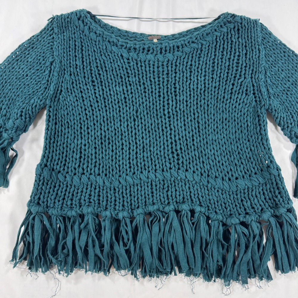 Free People On the Fringe Teal Chunky Cotton Knit Fringe Sweater Boho XS - Picture 3 of 8